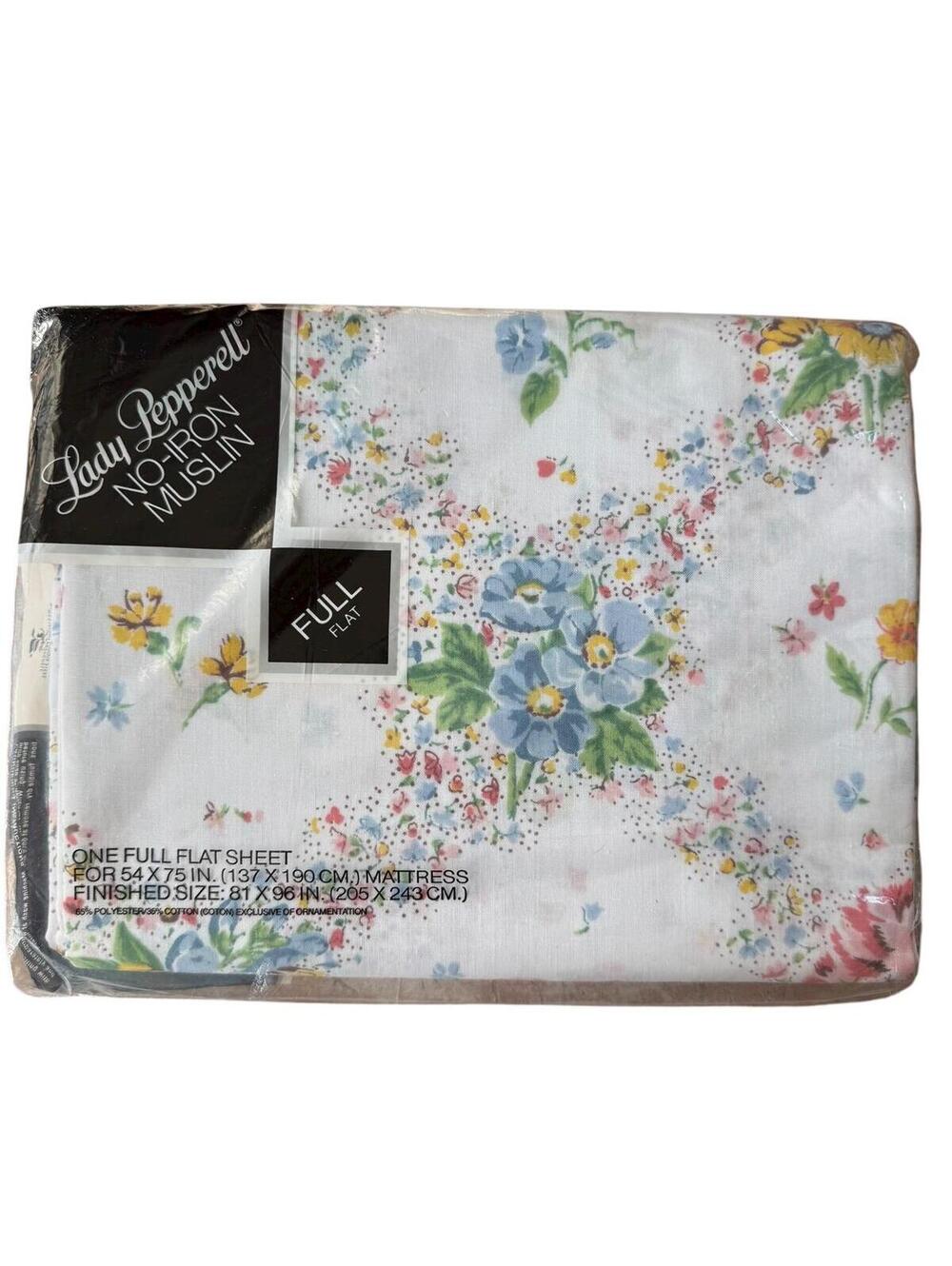 Vintage 1970s Lady Pepperell Stephanie Floral Full Flat Sheet, Muslin, NOS